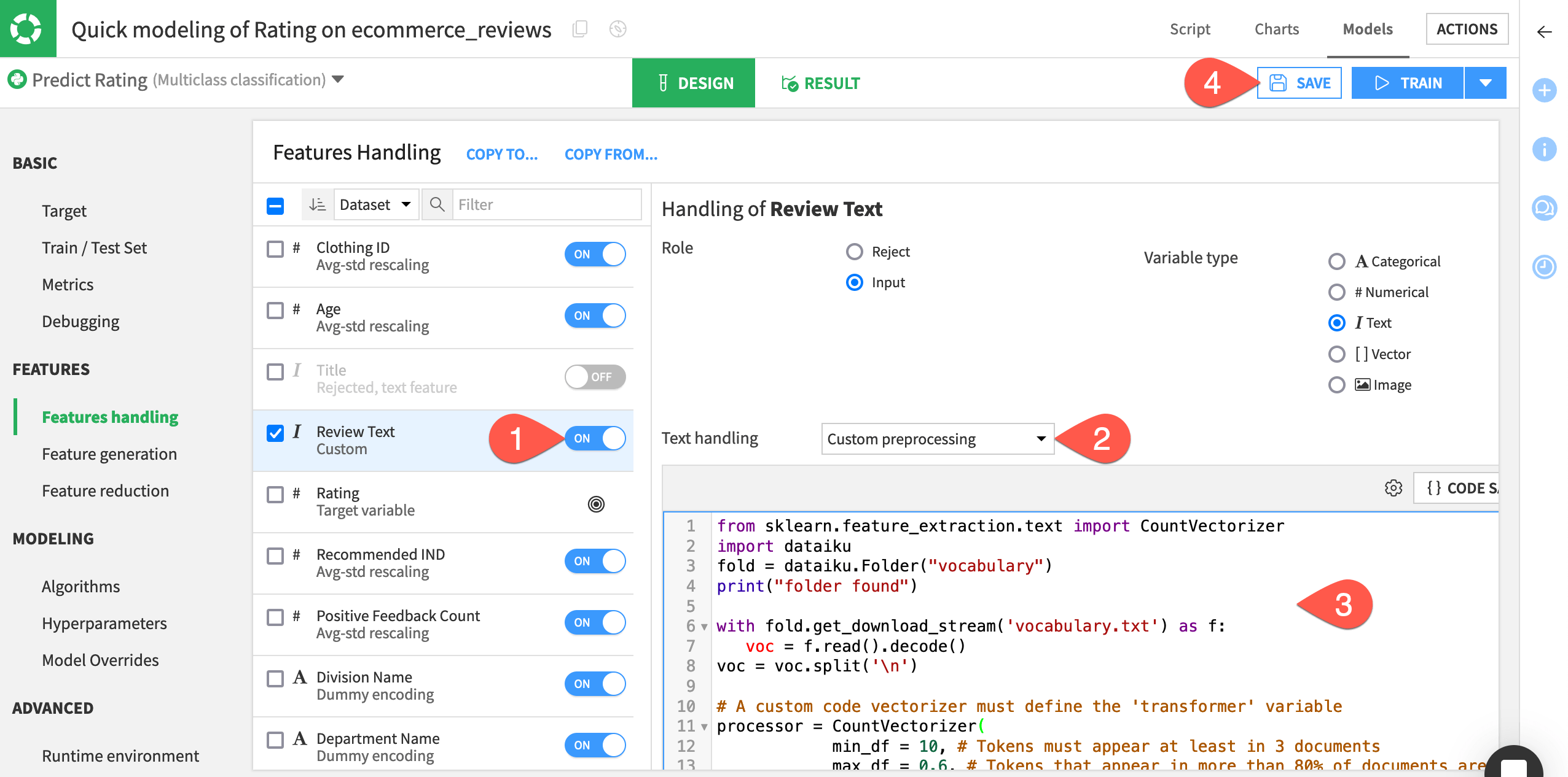 Dataiku screenshot of the Features Handling panel showing a text feature.