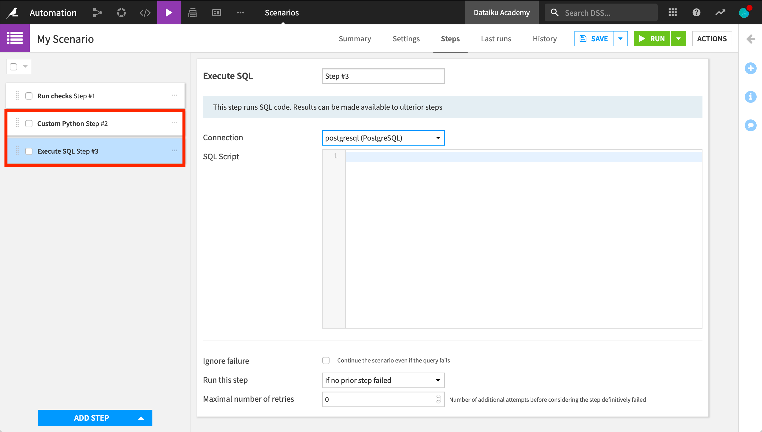 Dataiku screenshot of the Steps tab of a Dataiku scenario showing a custom Python and an SQL query step.