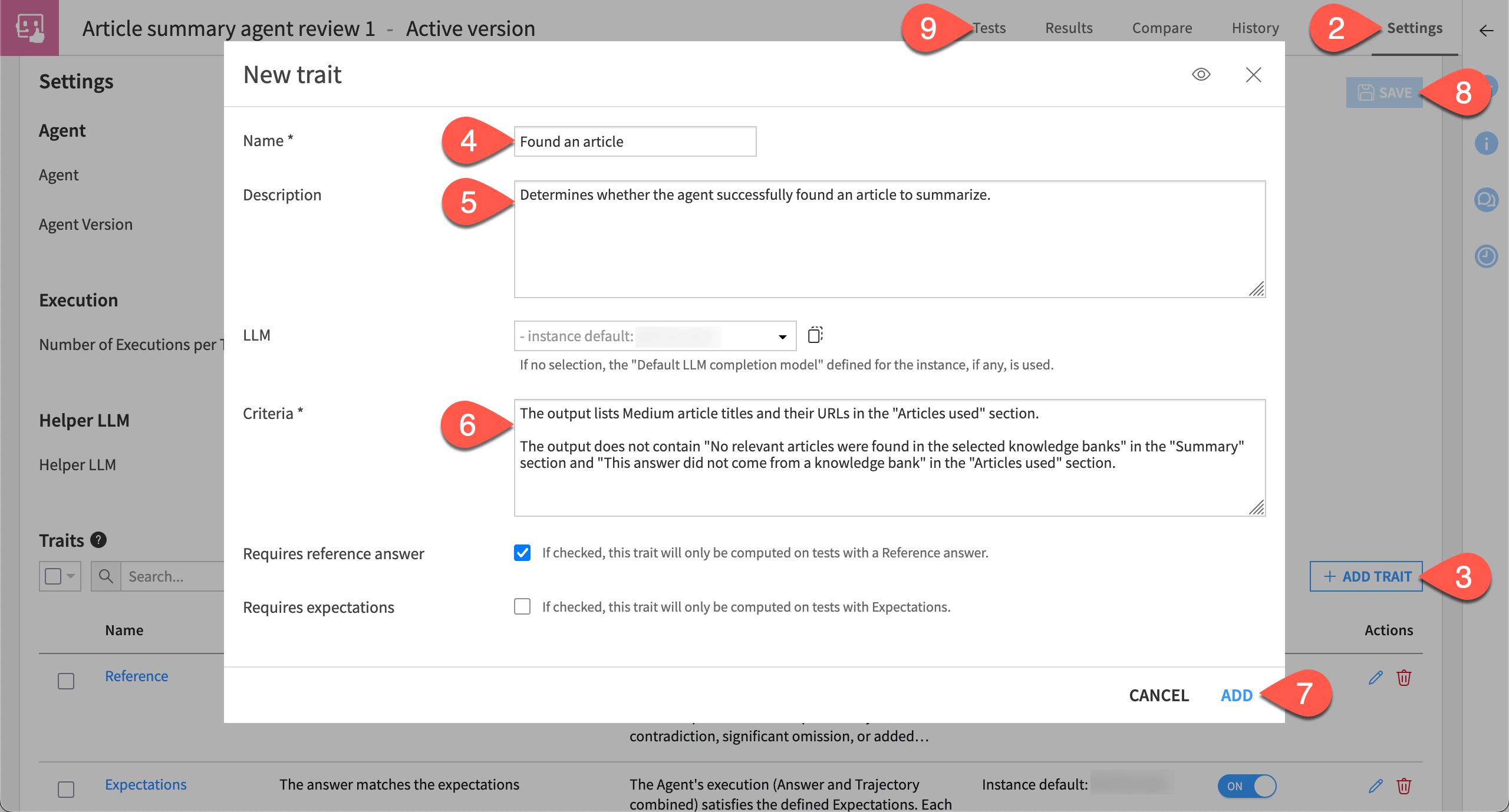 Dataiku screenshot of a custom trait for an agent review test.