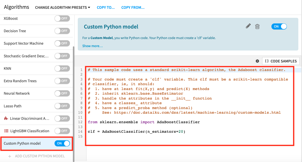 Dataiku screenshot of the Algorithms panel of the visual ML tool showing a custom Python model.