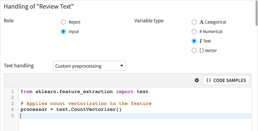 Dataiku screenshot of the template code given when choosing custom preprocessing for a text feature.