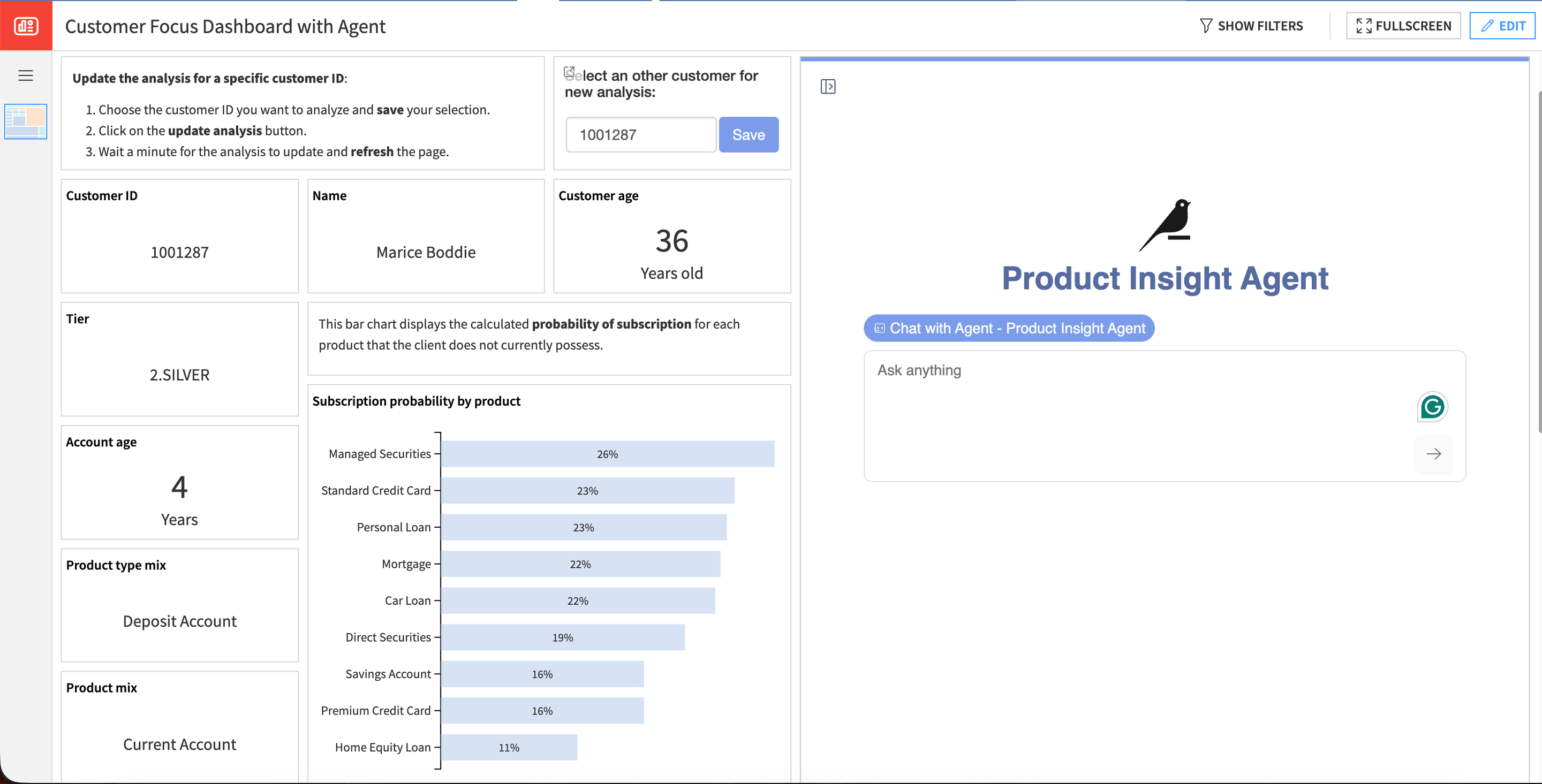 Dataiku screenshot of the pages in the Customer Focus Dashboard.