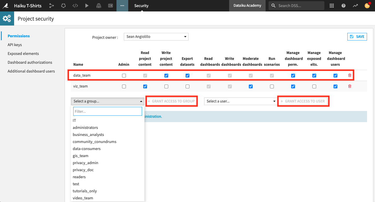 Manage dashboard permissions.