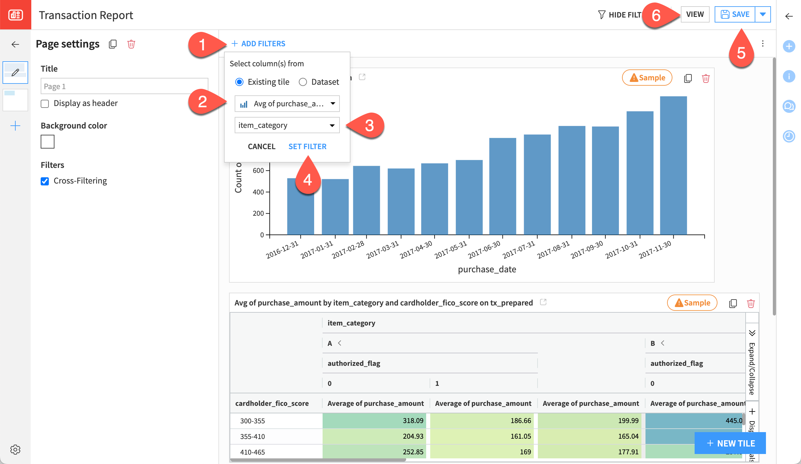 Dataiku screenshot of the creation of a dashboard filter.