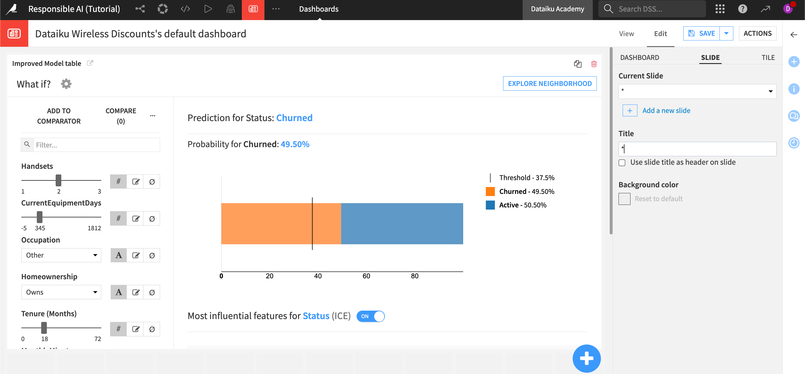 The dashboard with a what if analysis displayed.