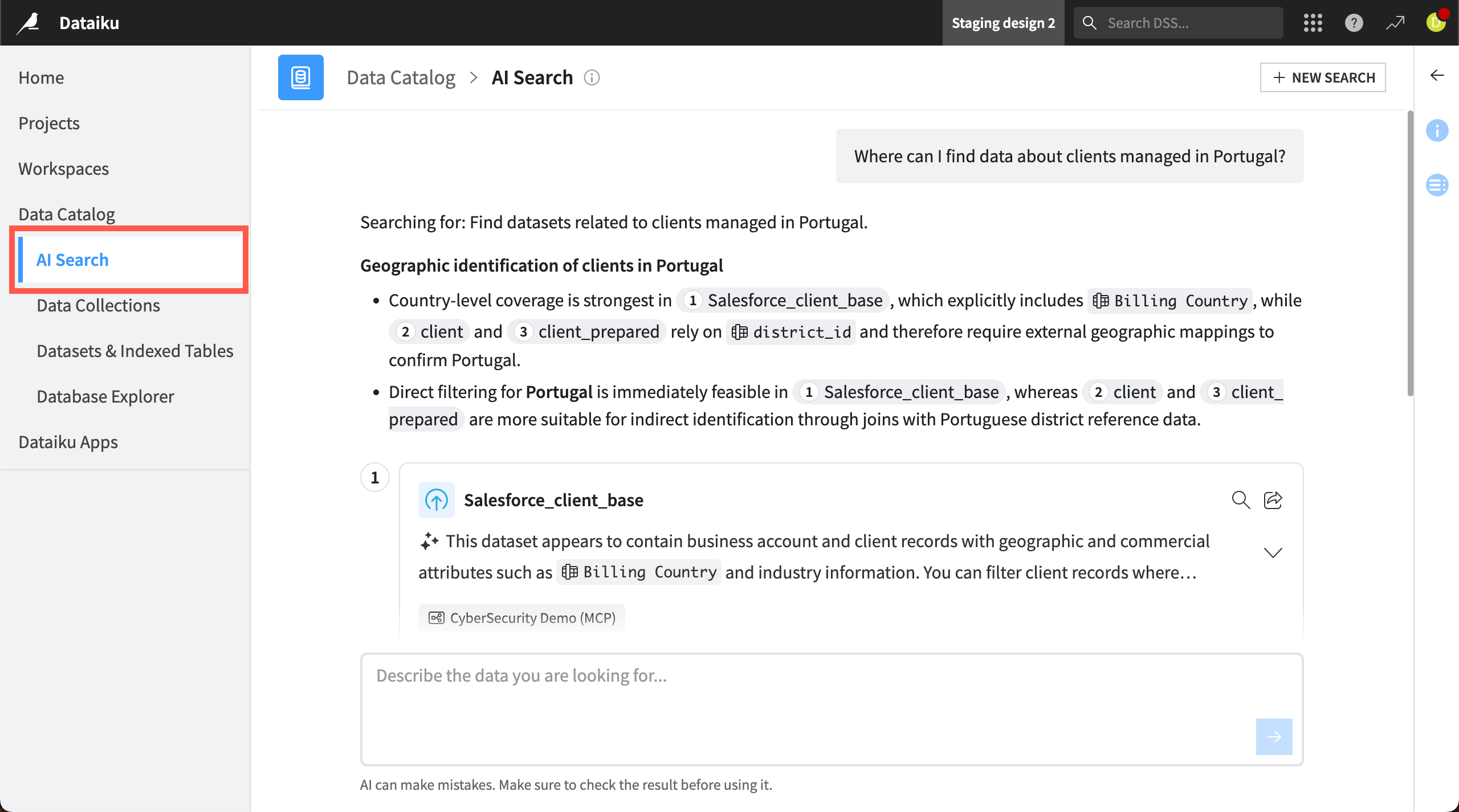 Screenshot of the Data Catalog's AI Search feature.