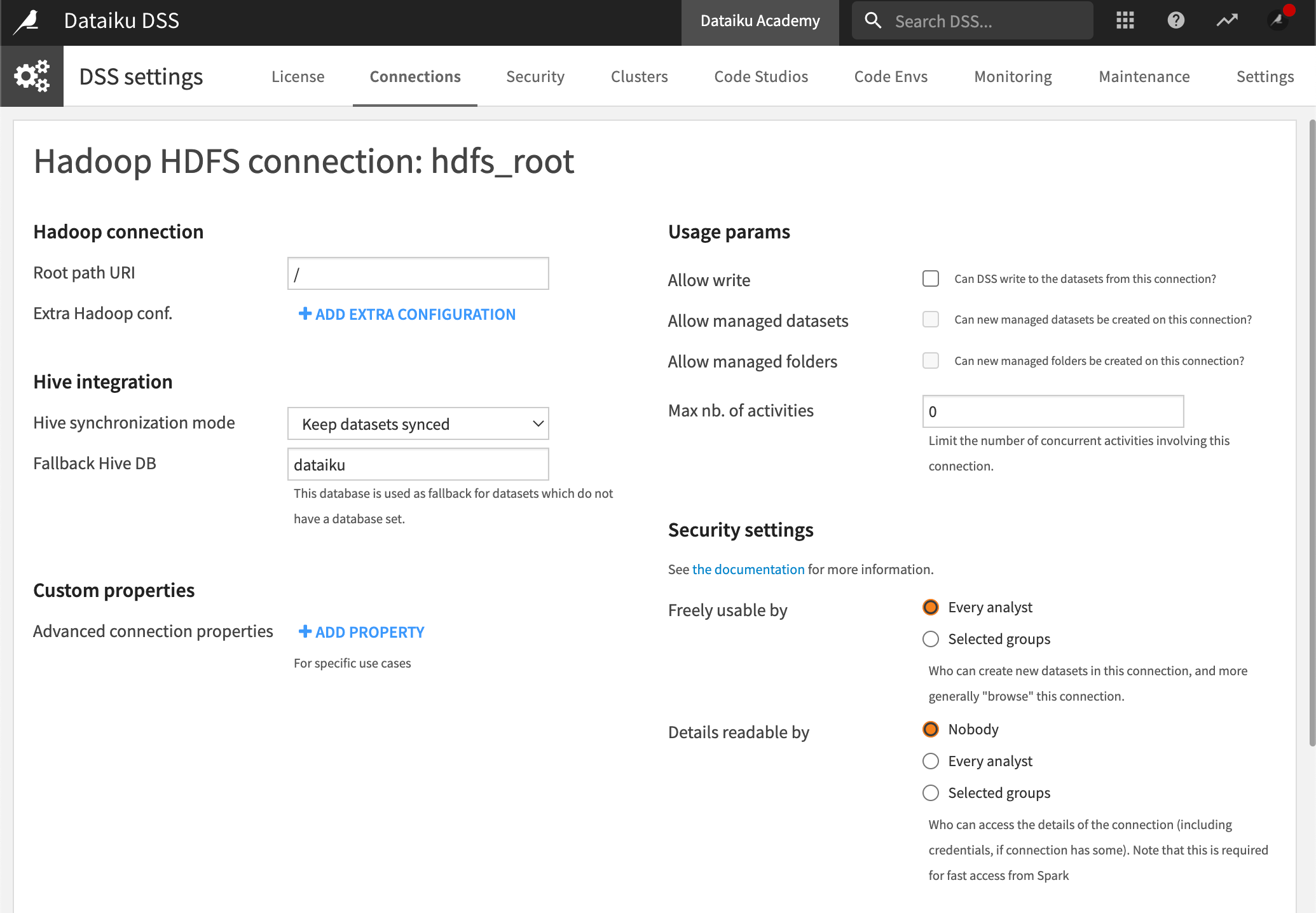 An example of security settings for a specific data connection.