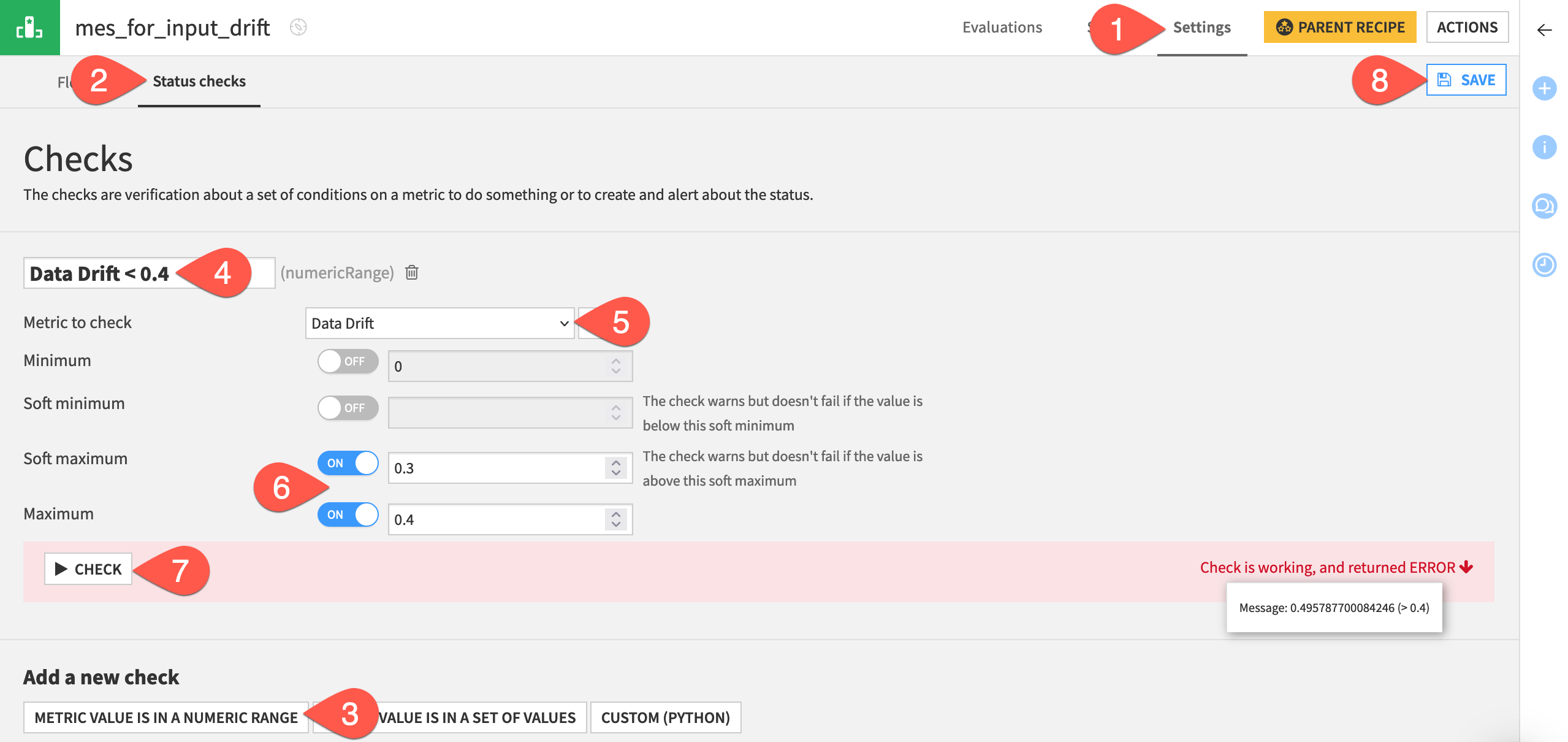 Dataiku screenshot of a data drift check on a model evaluation store.