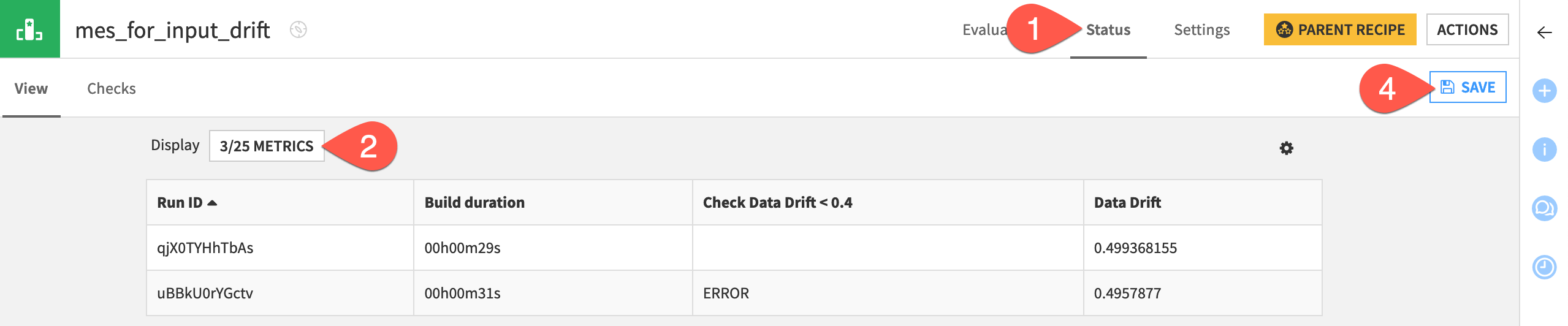 Dataiku screenshot of the metric and check display for a model evaluation store.