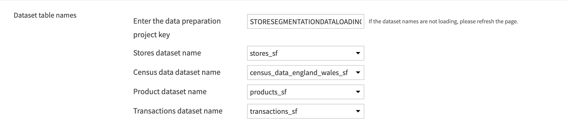 Dataiku screenshot of the Data Loading part of the Project Setup for Store Segmentation