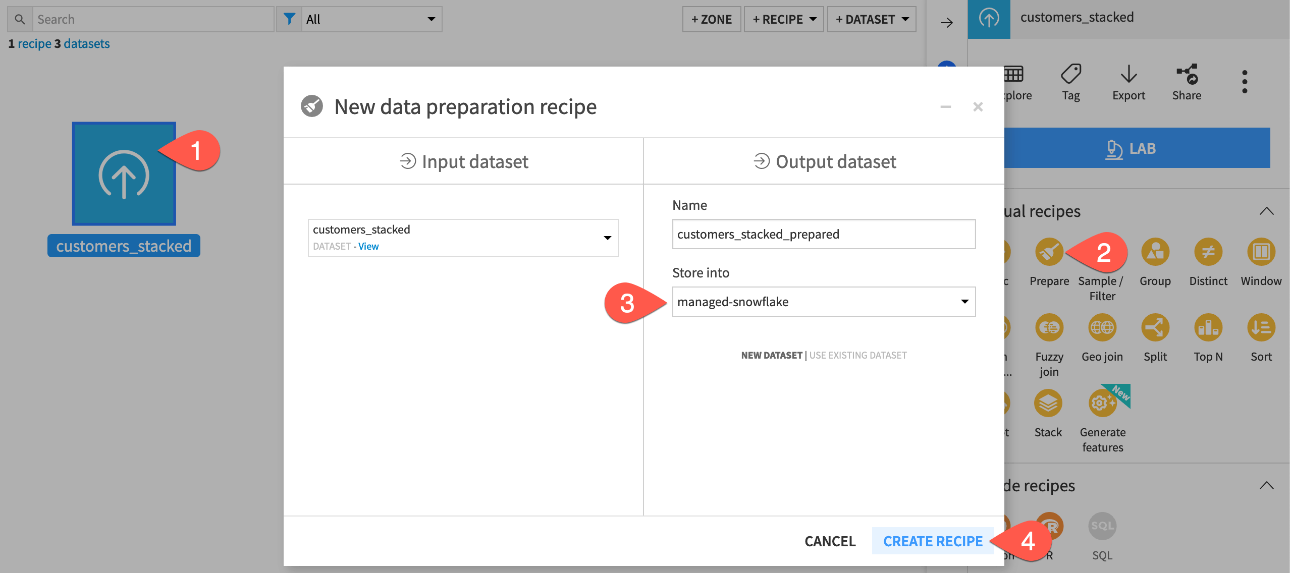 Dataiku screenshot of the dialog for a Prepare recipe.