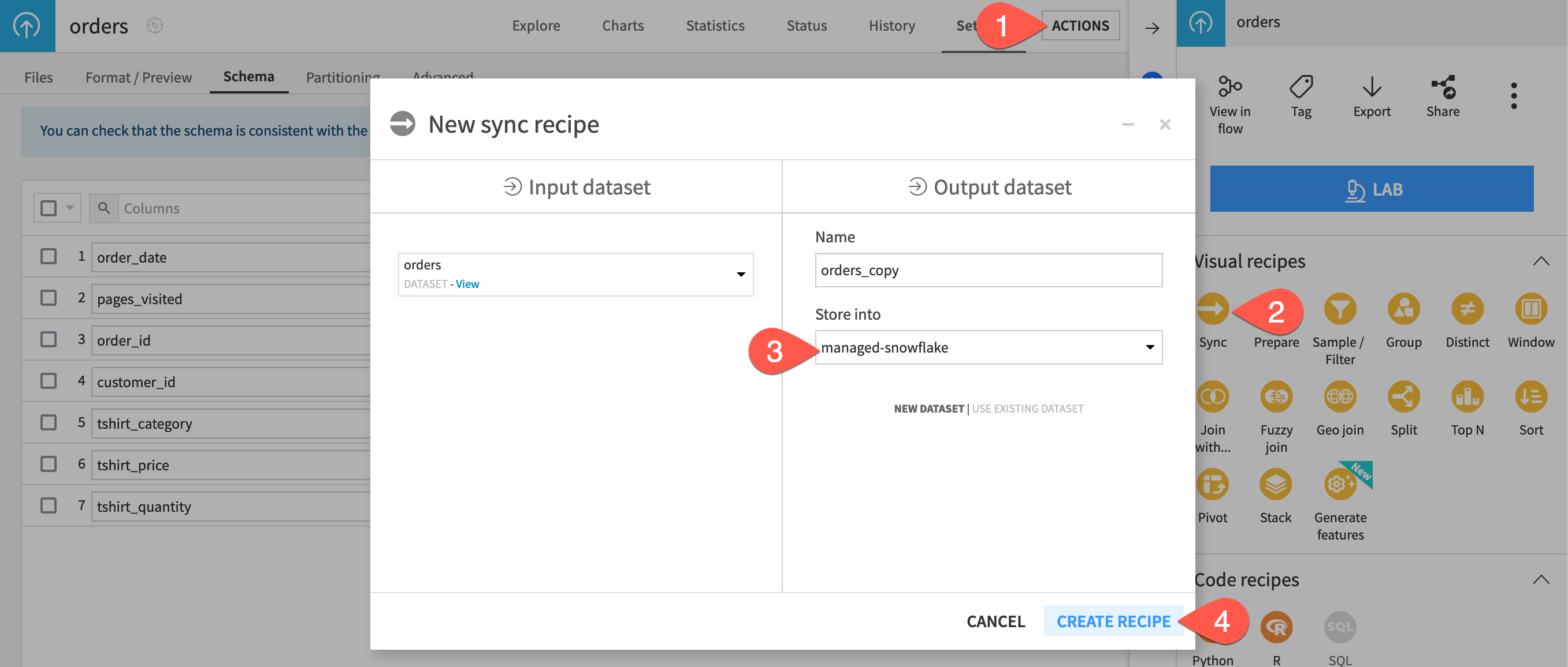 Dataiku screenshot of the dialog for a Sync recipe.