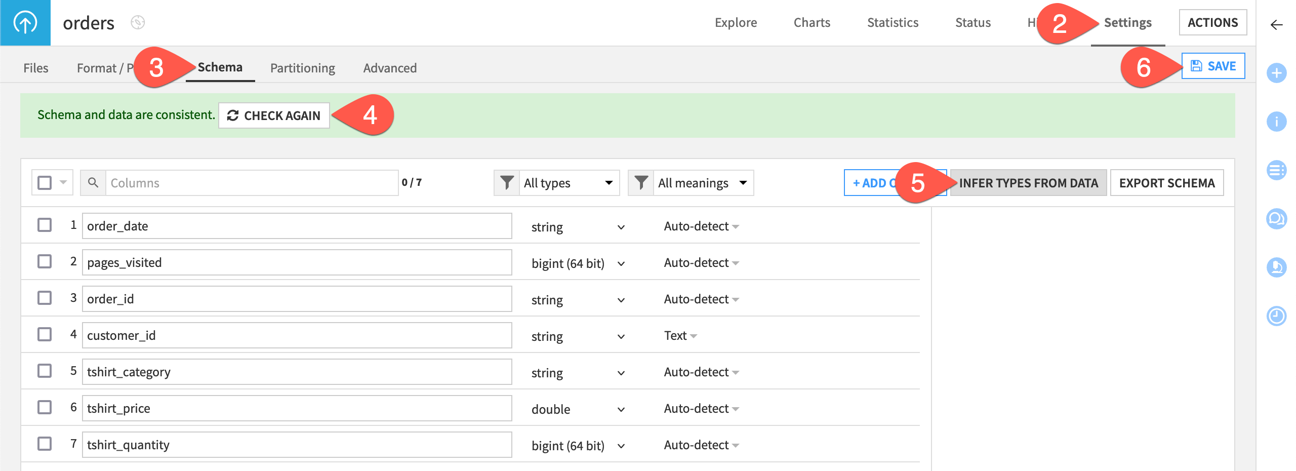 Dataiku screenshot of a schema subtab of a dataset.