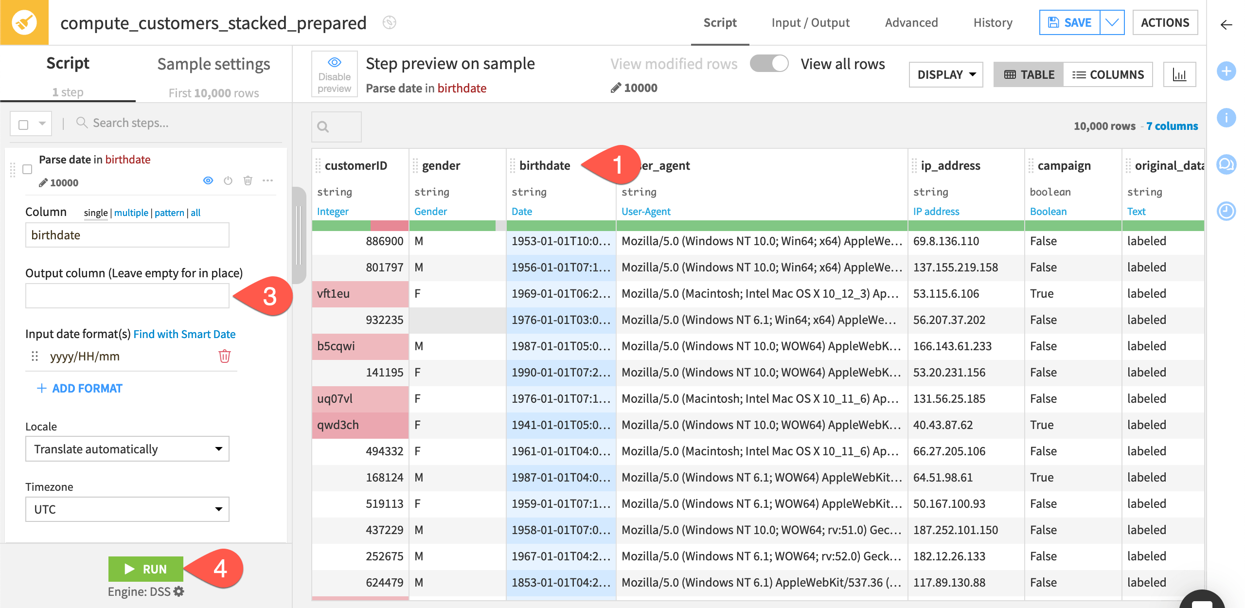 Dataiku screenshot of a Prepare recipe.