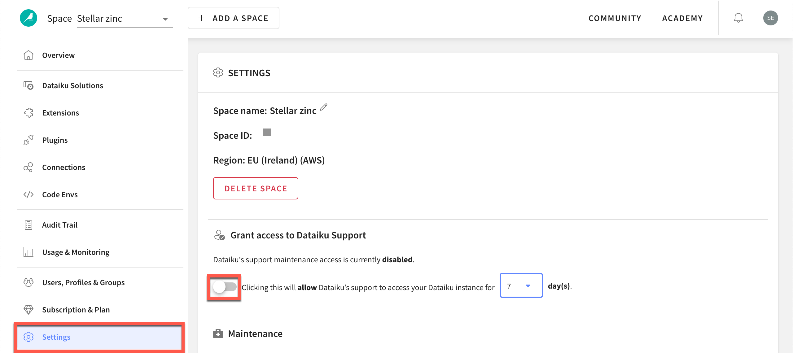 Dataiku screenshot of the settings panel of the Cloud Launchpad.