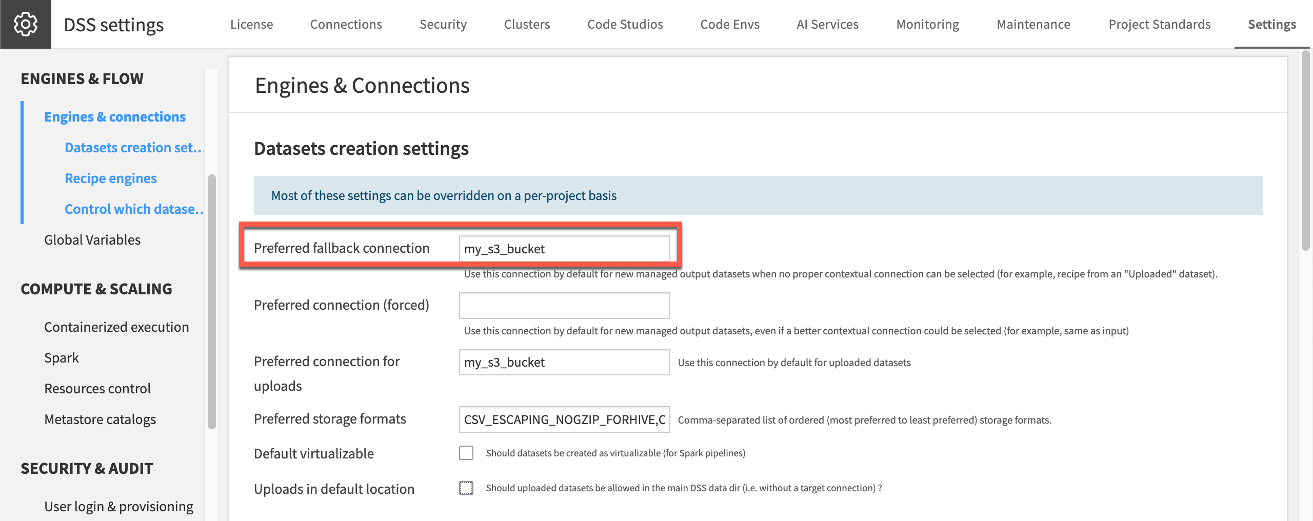 Dataiku screenshot of dataset creation settings.