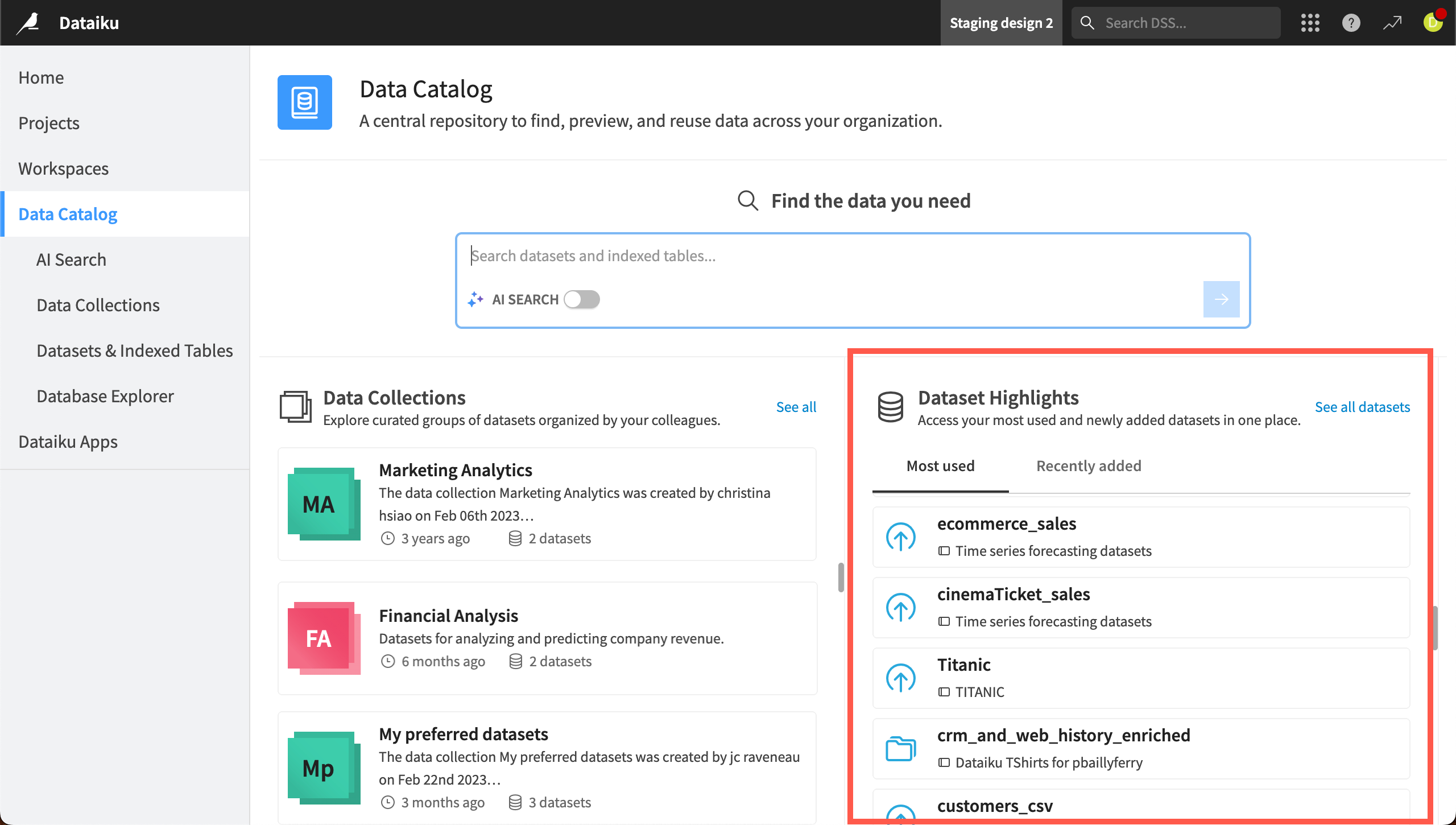 Screenshot of the Dataset Highlights on the catalog homepage.