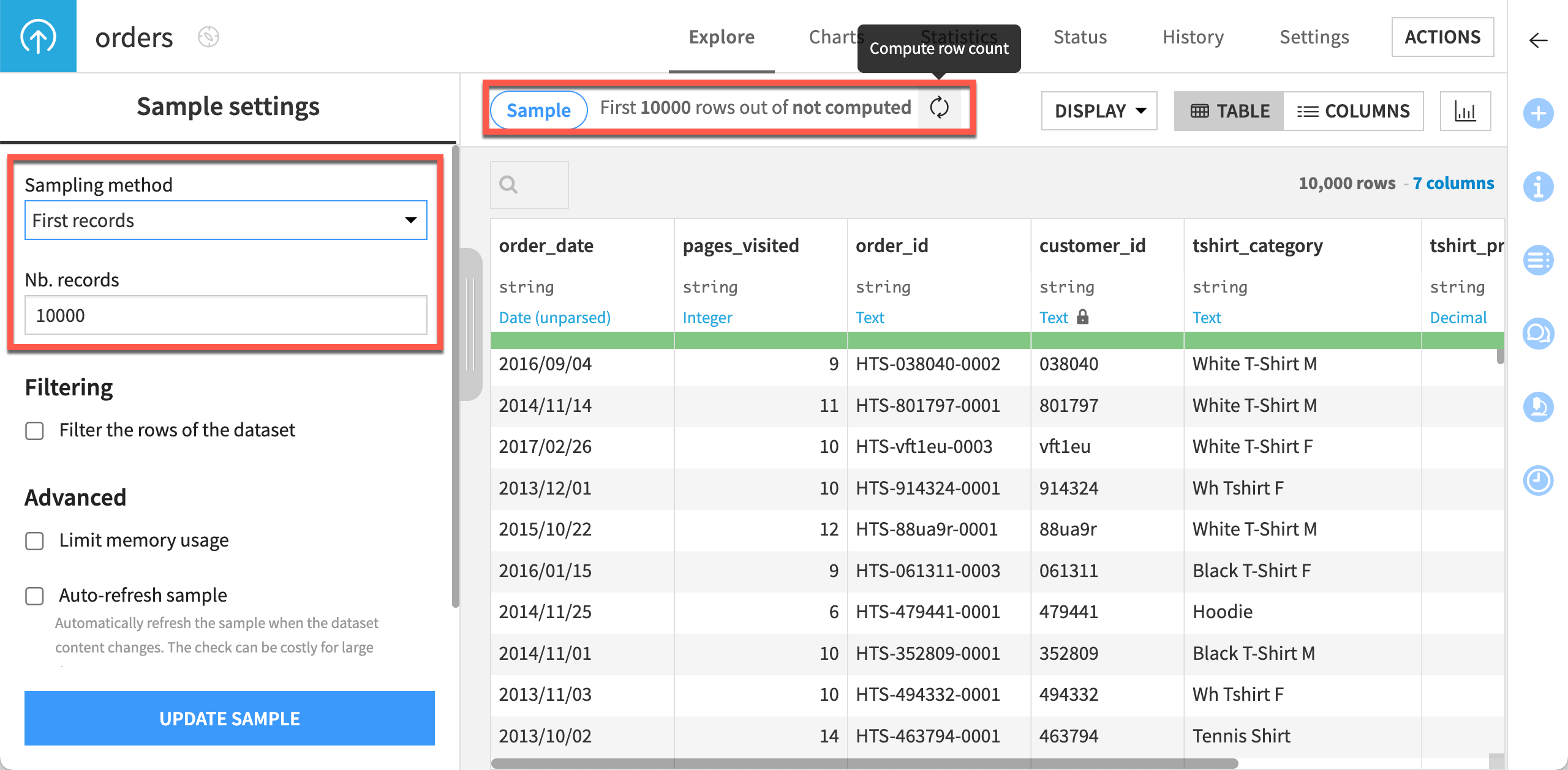 Screenshot of the Sampling panel and sampling information on top of the dataset.