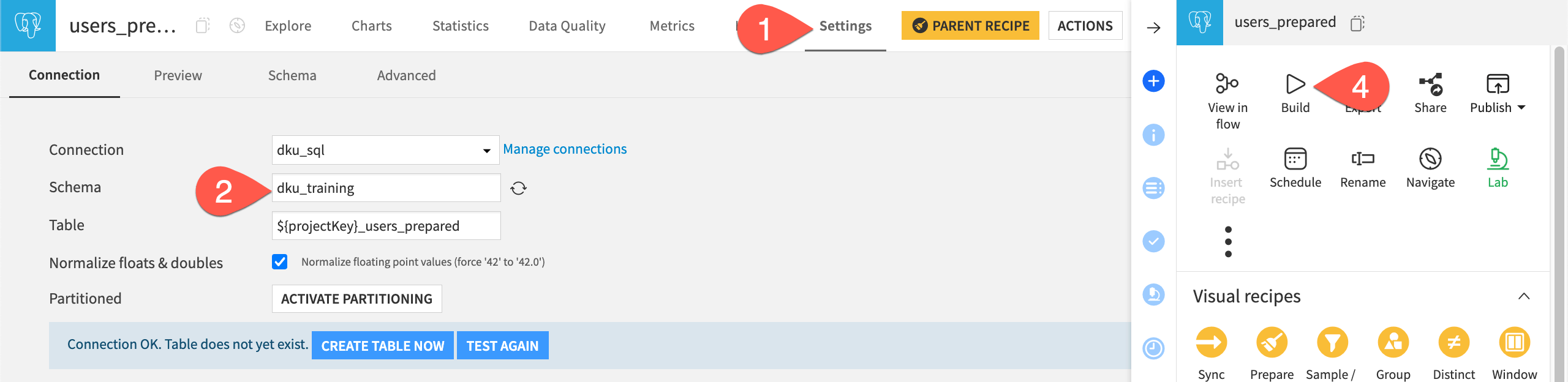 Dataiku screenshot of a dataset's connection settings.