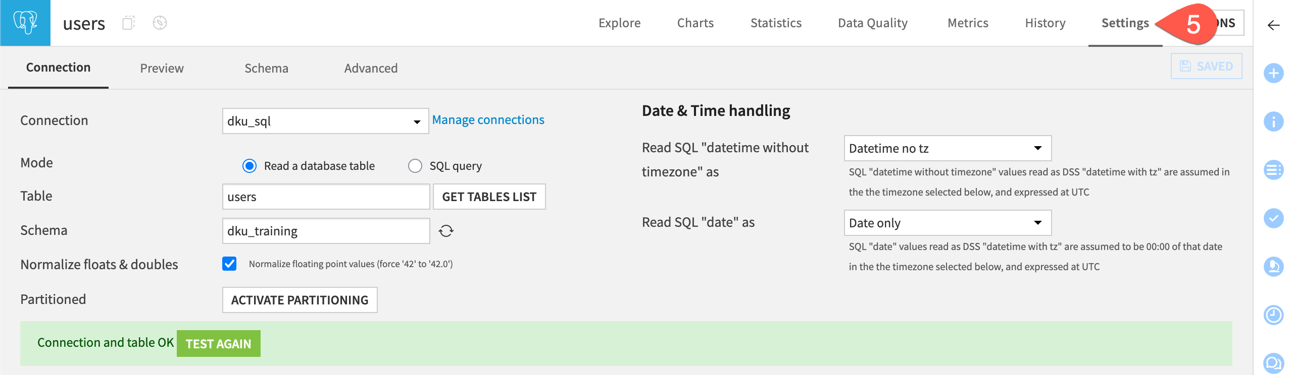 Dataiku screenshot of the settings tab of a dataset.