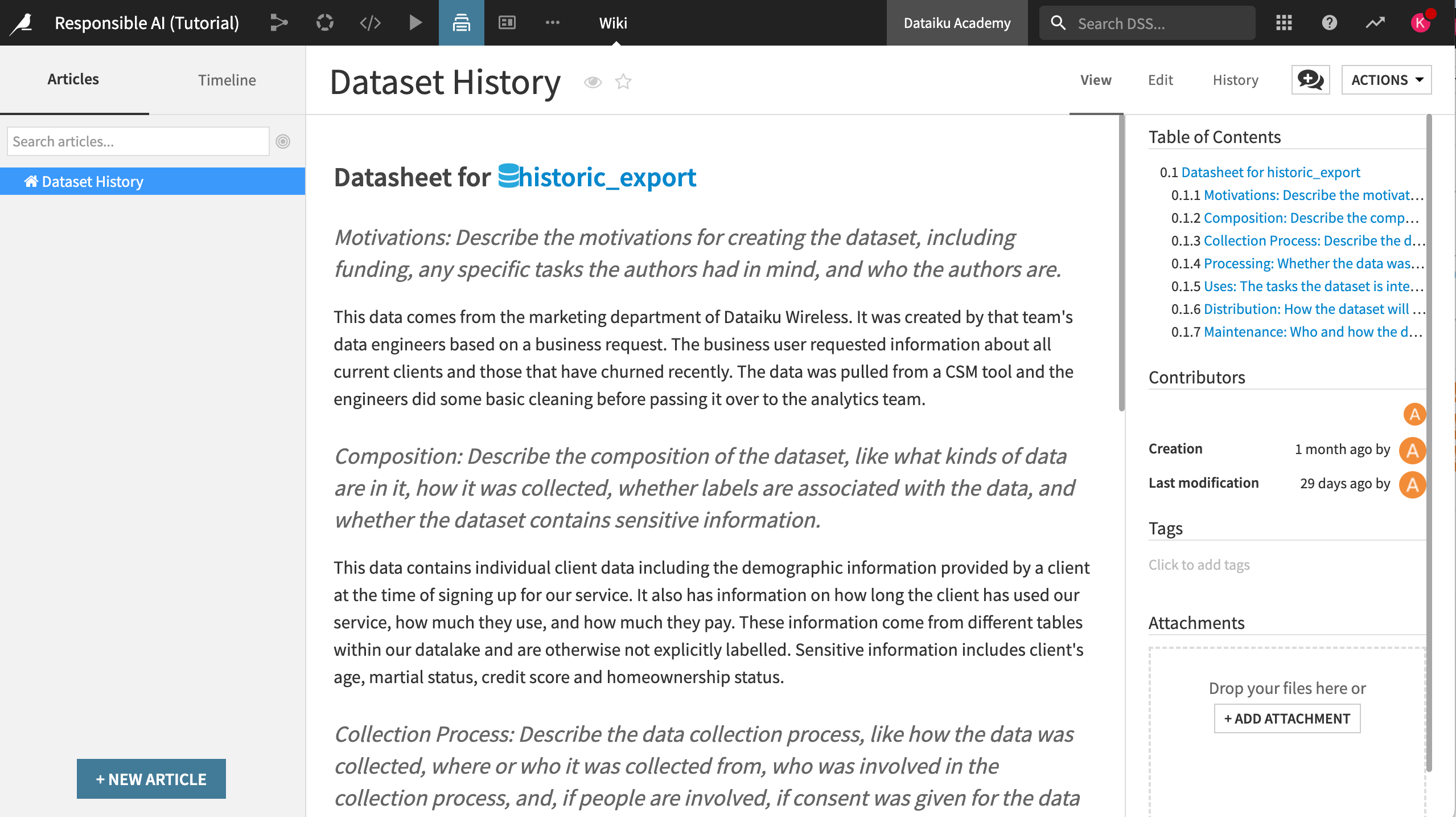 A screenshot of the Datasheet for historic_export wiki article.