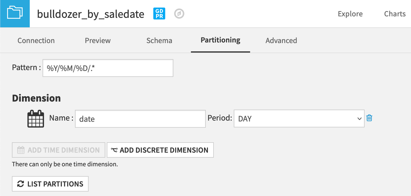 Dataiku screenshot of the partitioning subtab.