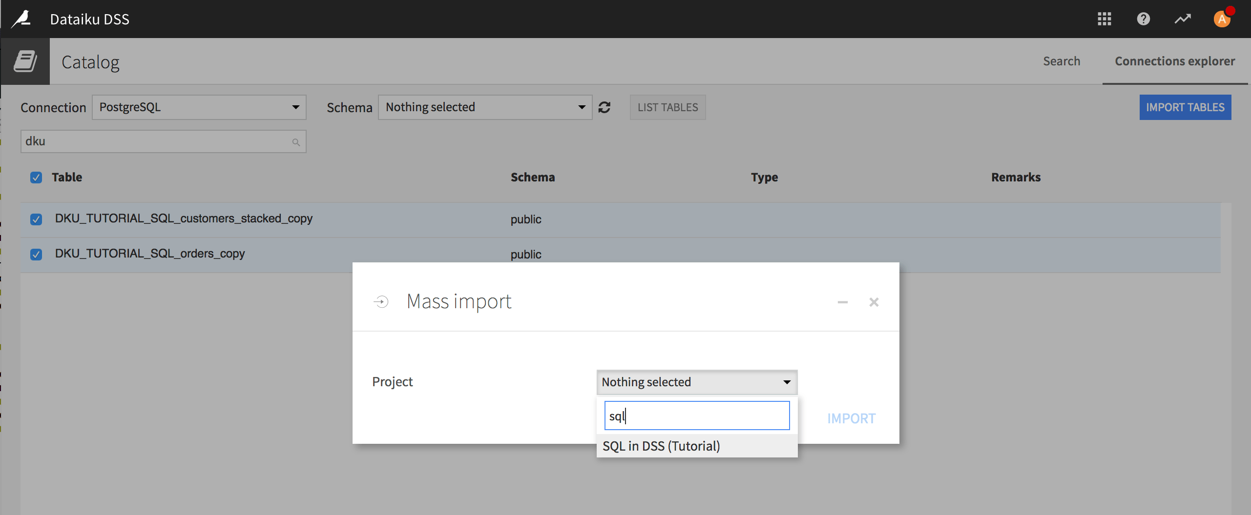 You can mass import tables after creating the SQL connection.