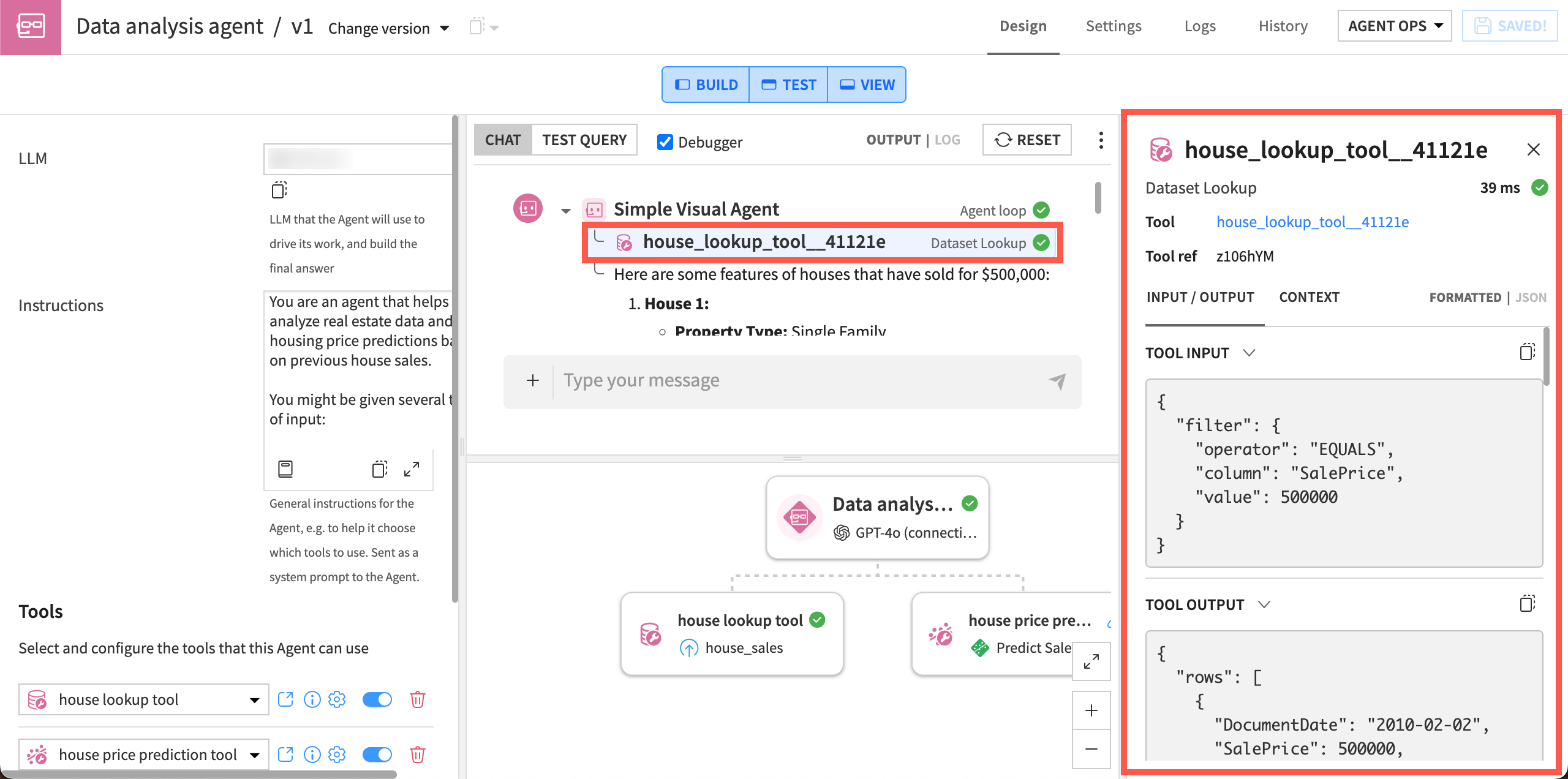 The debugger panel lets you drill into the details of an agent run.