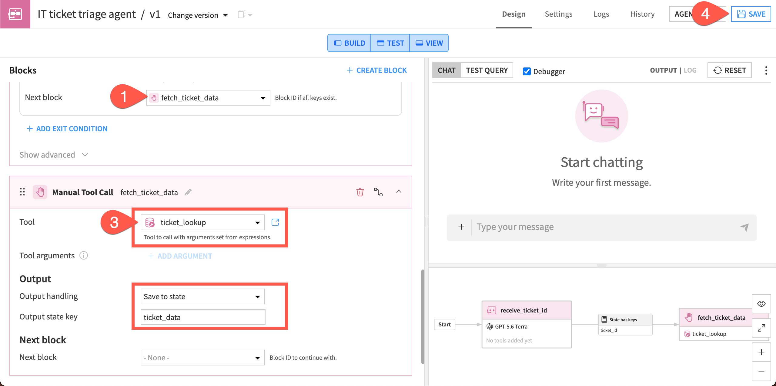 Screenshot of the steps to create a block to lookup ticket data.