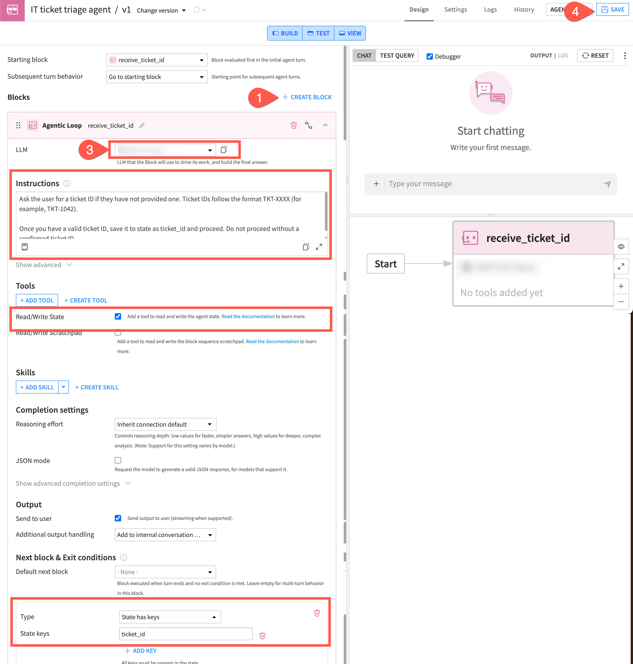 Screenshot of the steps to create the agent block to take the ticket ID.