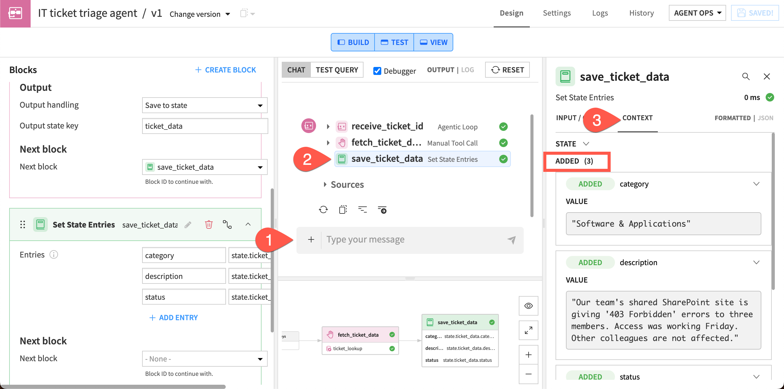 Screenshot of the steps to view context from the save_ticket_data block.