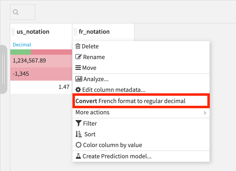 Context menu to convert French format to regular decimal format.