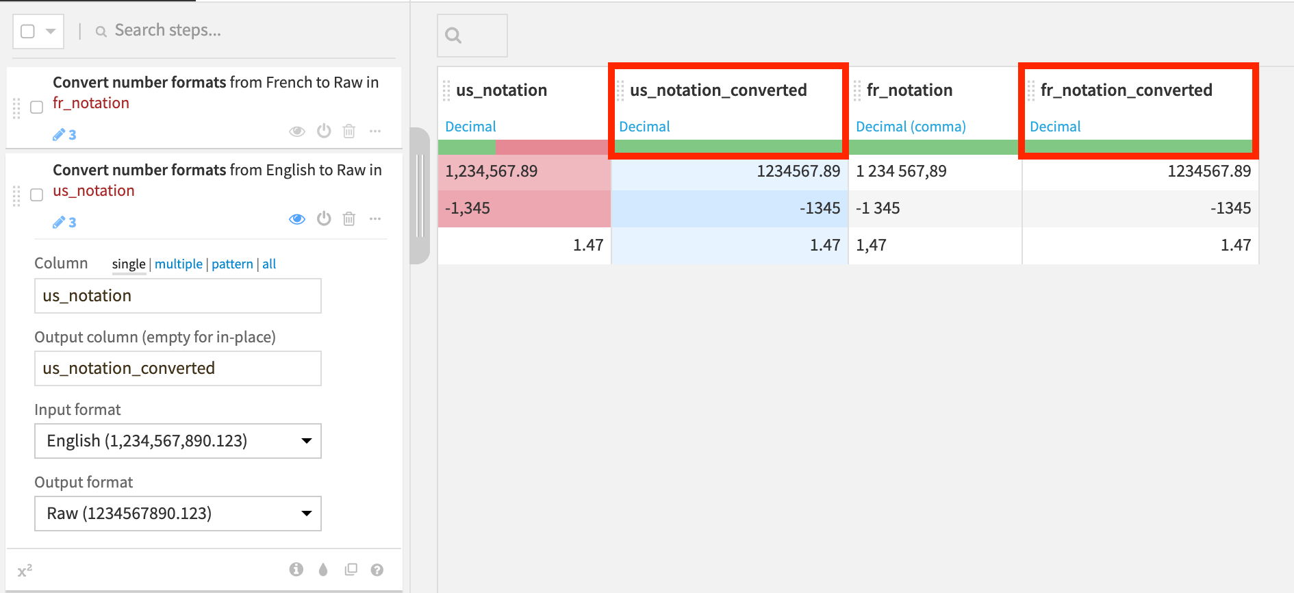 Prepare recipe output with converted number formats.