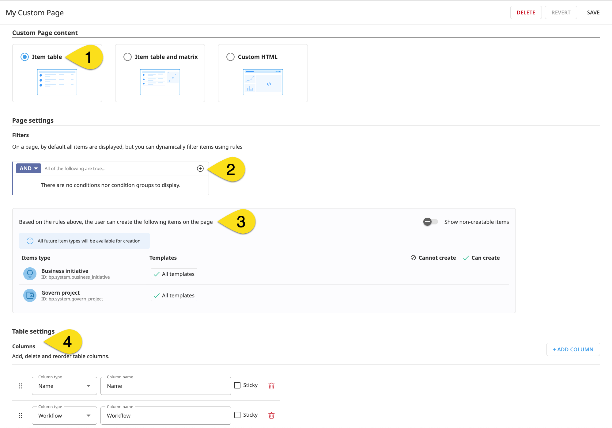 Dataiku screenshot of the default settings of a custom page.