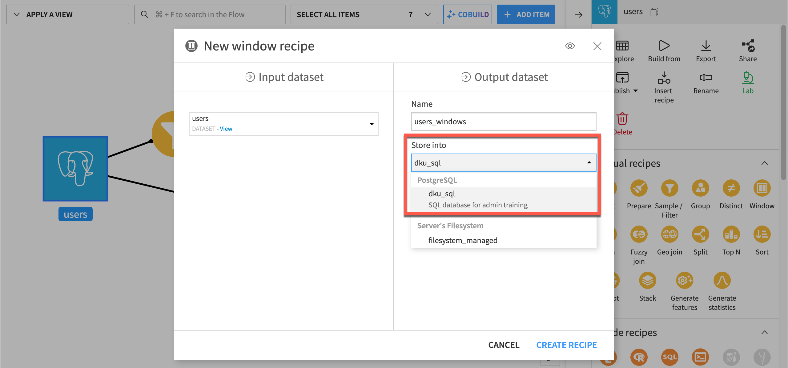 Dataiku screenshot of a recipe dialog and its input in the Flow.