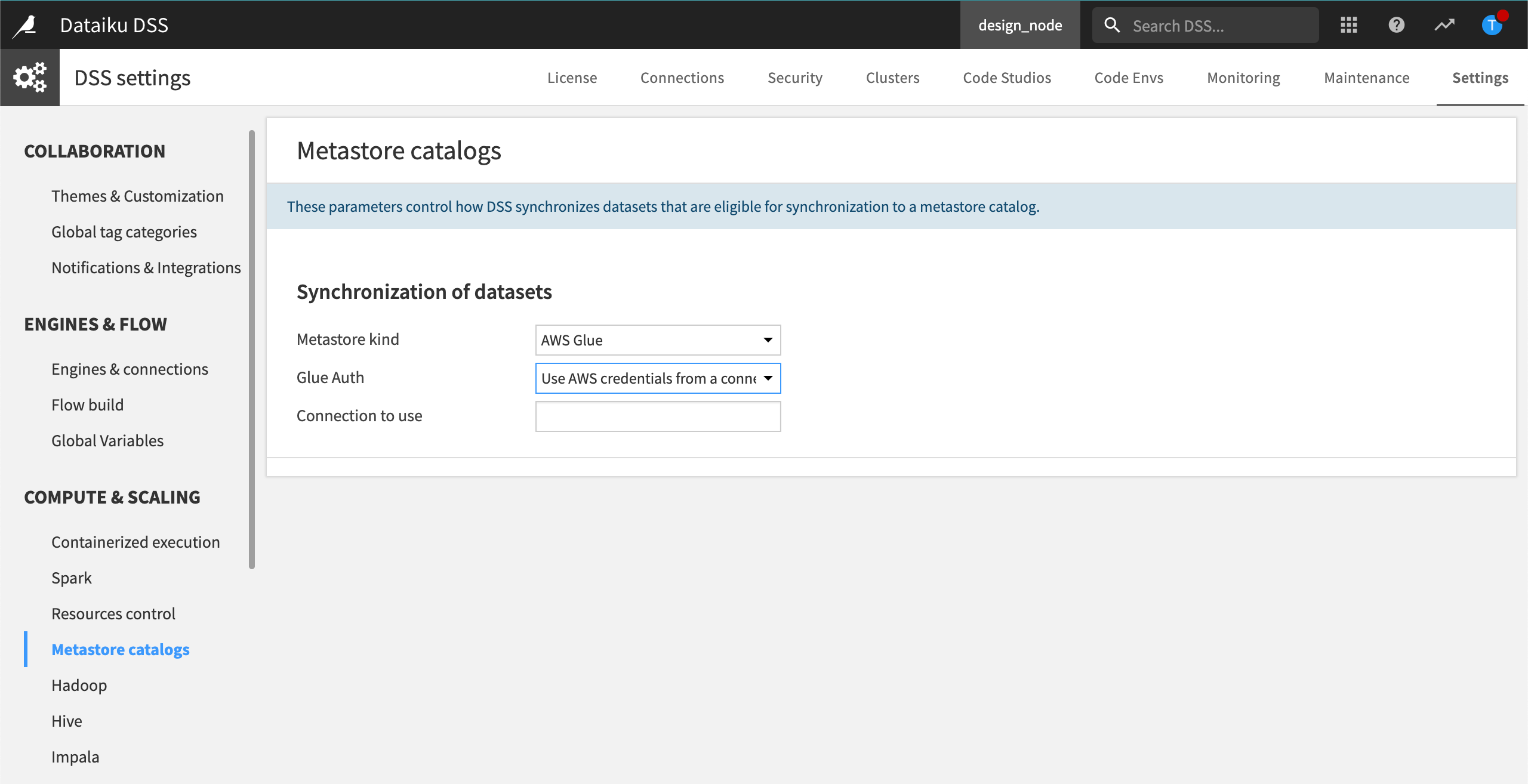 Metastore catalogs page in the Compute and Scaling section of the Settings tab within DSS settings.