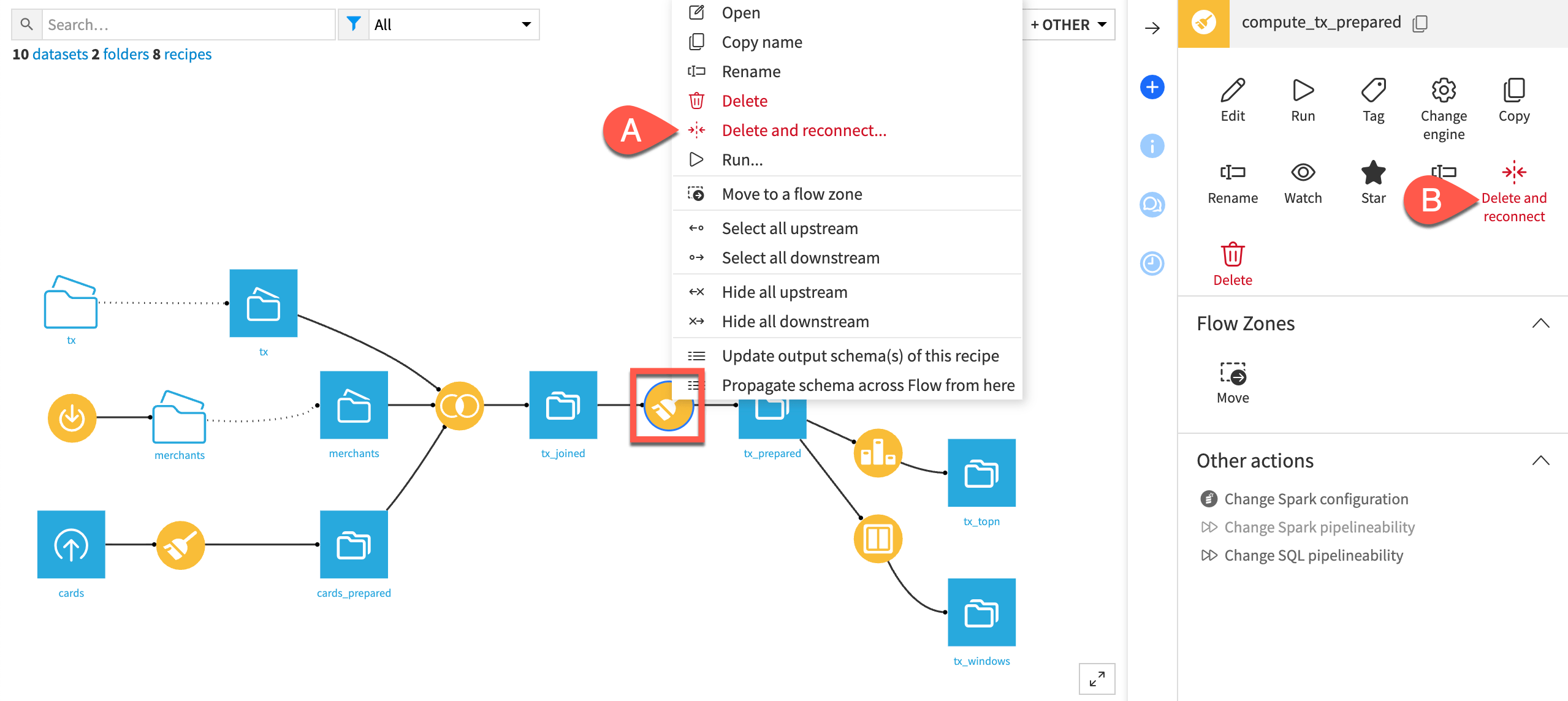 A screenshot highlighting the different ways in the interface that you can select delete and reconnect.