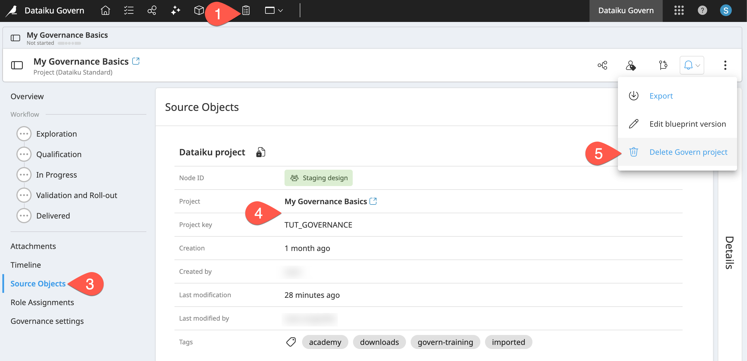 Dataiku screenshot of the dialog for deleting a Govern project.