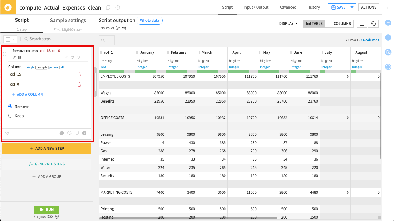 Dataiku screenshot showing the delete step added to the Script panel.