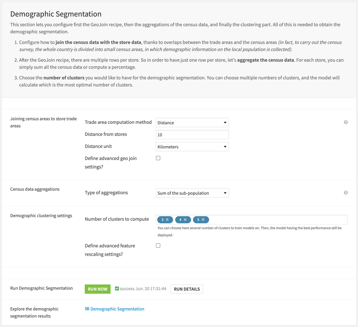 Dataiku screenshot of the Demographic Segmentation section of the Project Setup for Store Segmentation