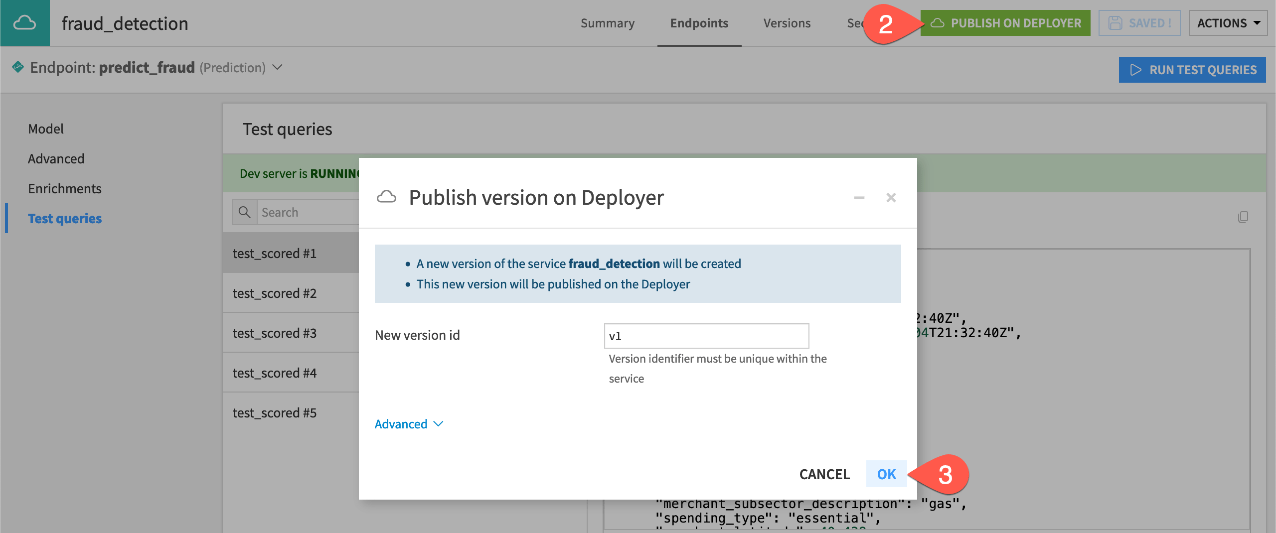 Dataiku screenshot of the dialog for deploying an API service.