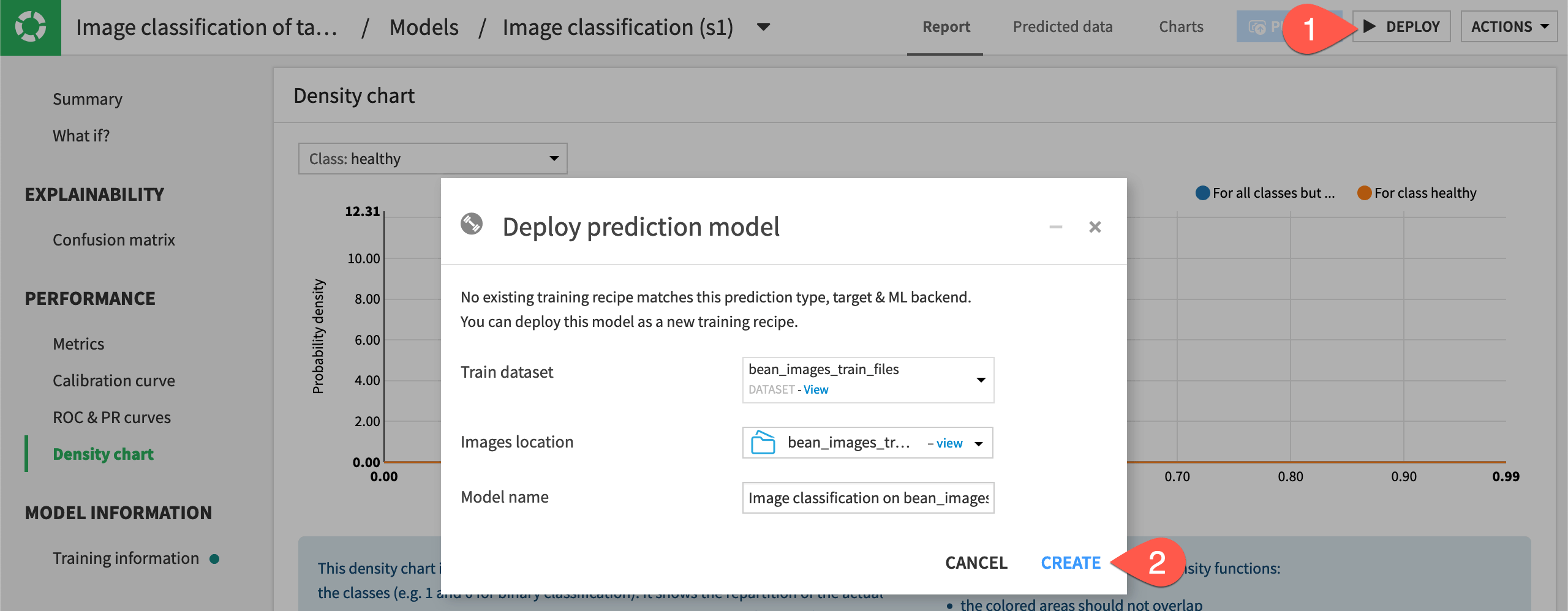 The deploy button is found in the top right of the model report page.