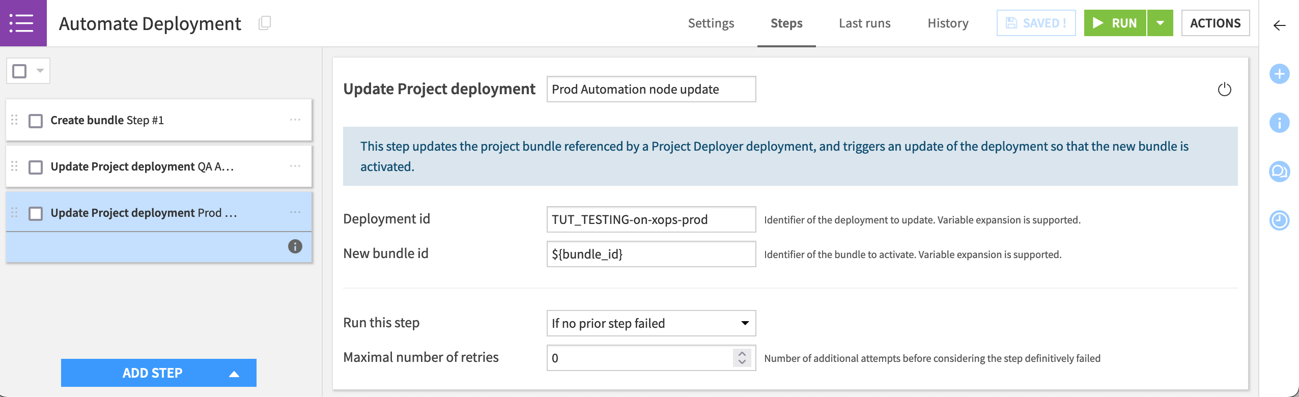 Dataiku screenshot of a scenario to update project deployments.