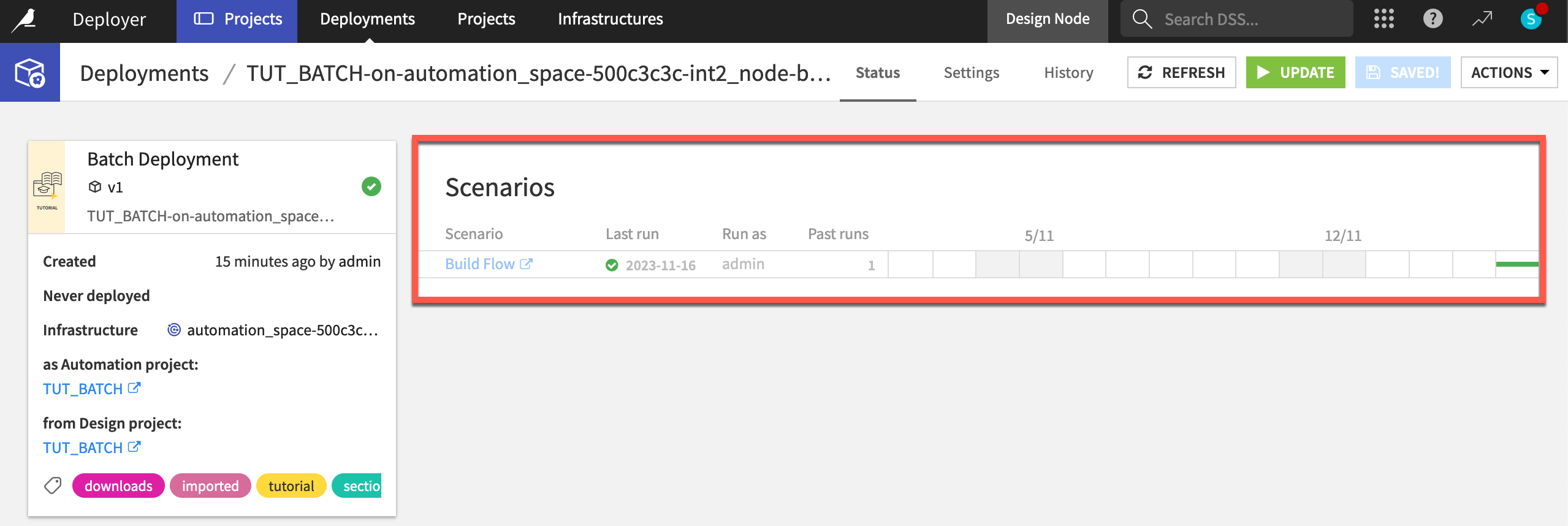 Dataiku screenshot of the Status tab of a deployment showing a scenario run.