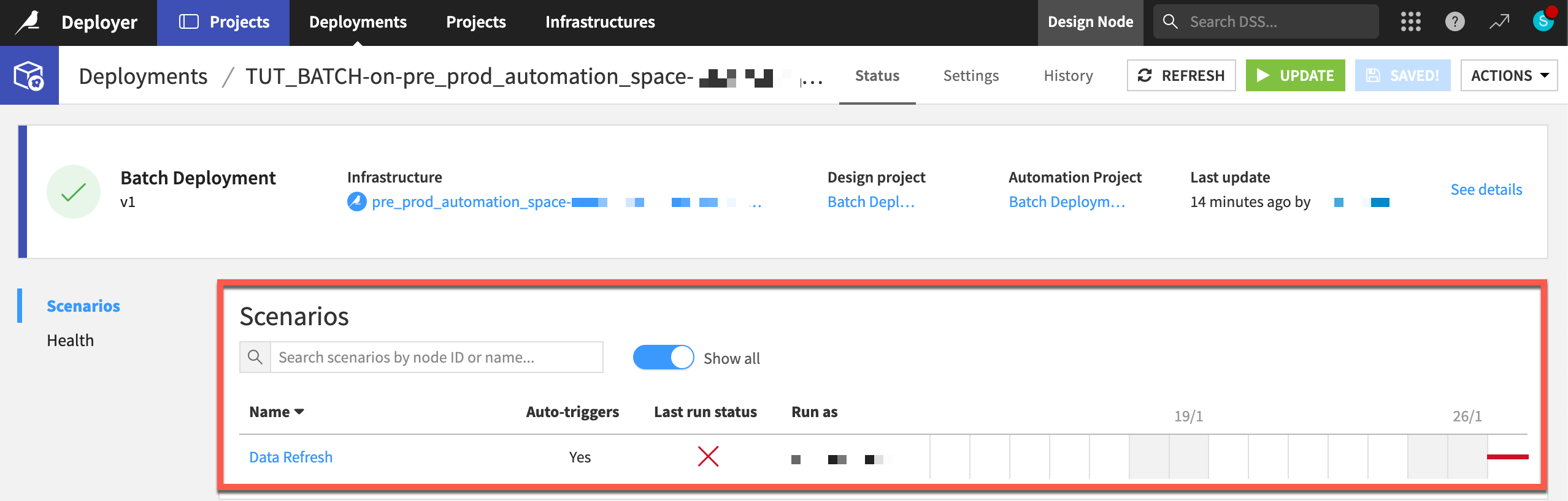 Dataiku screenshot of the Status tab of a deployment showing a scenario run.