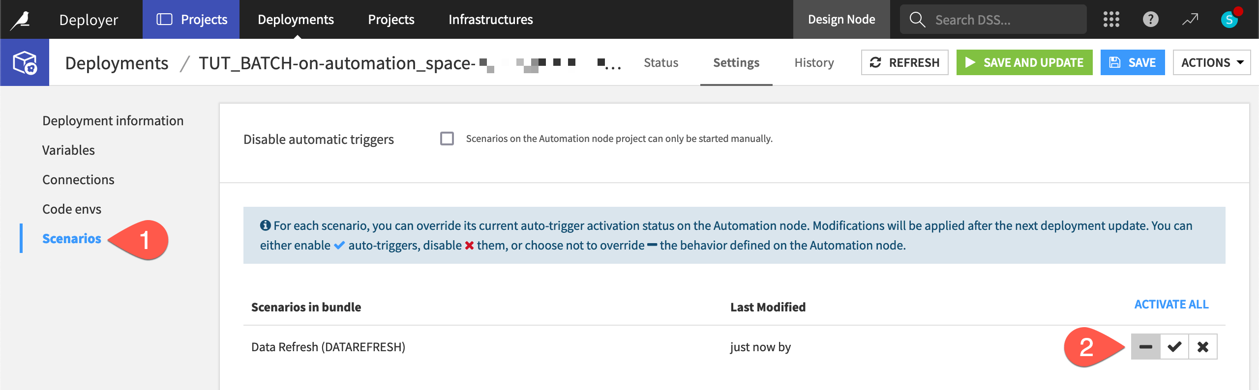 Dataiku screenshot of the Scenarios page of a deployment.