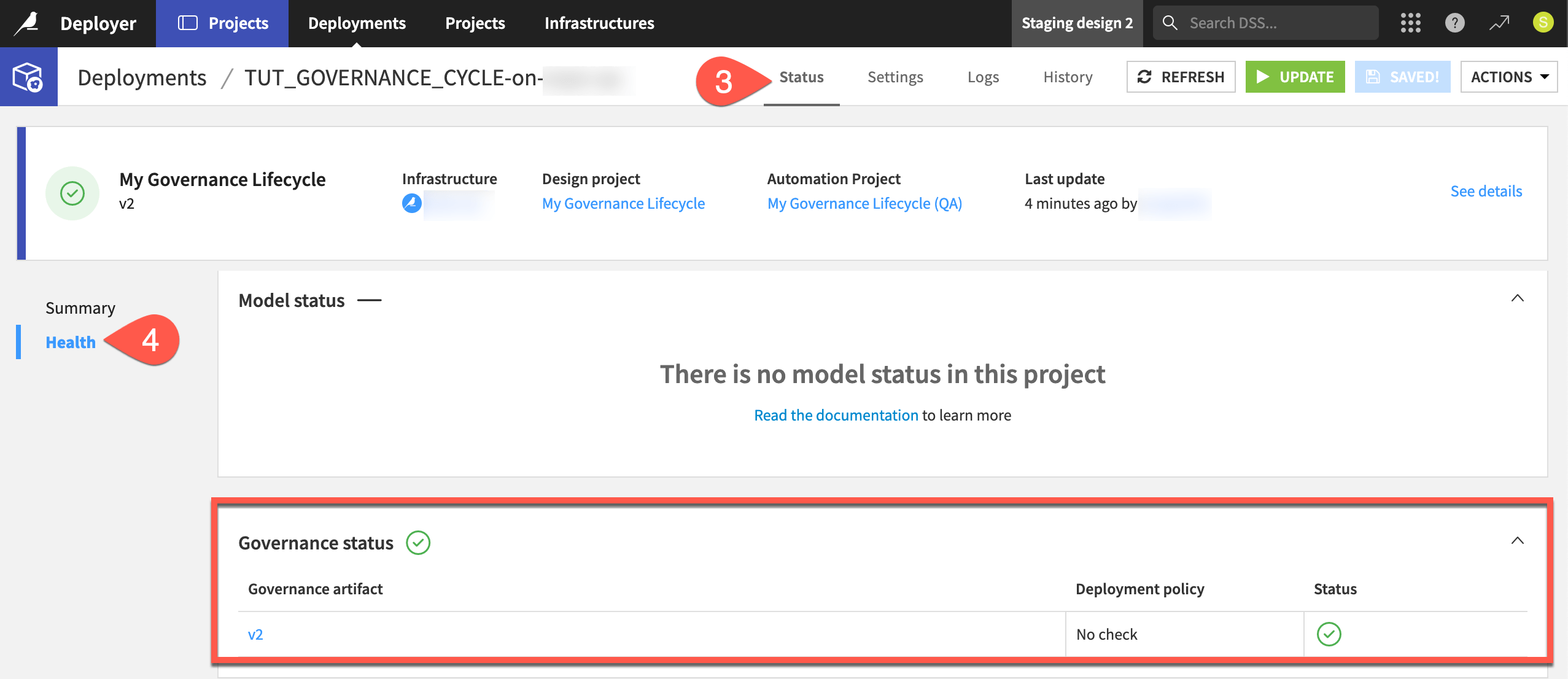 Dataiku screenshot of the governance status of a deployment.