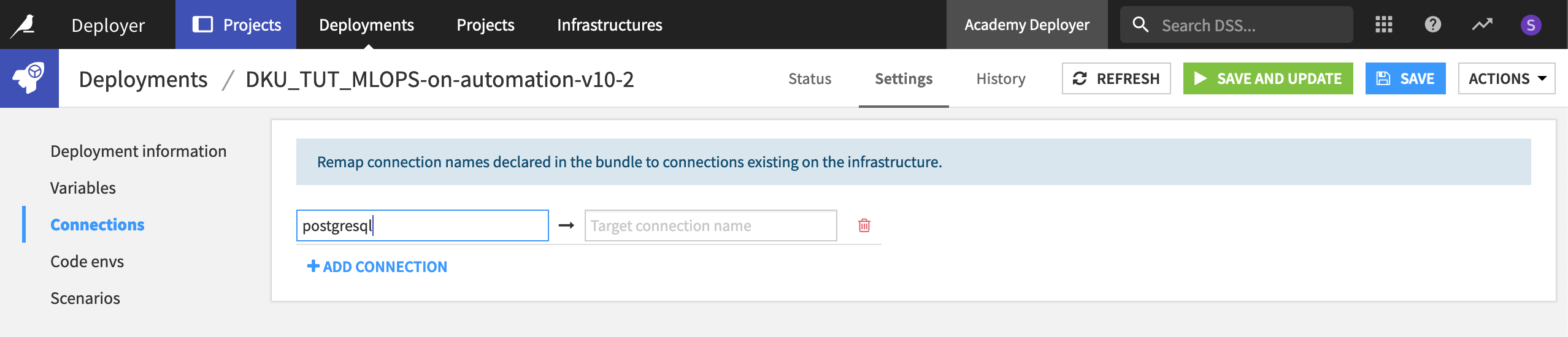 Dataiku screenshot of where to manage deployment settings from the Deployer.