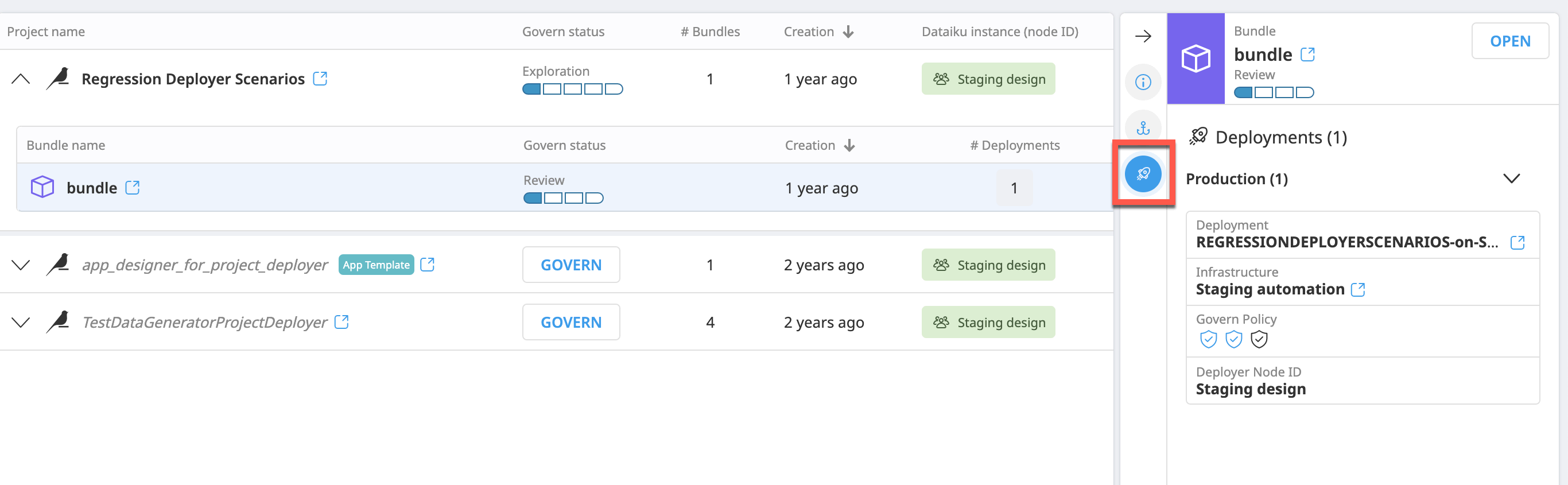 The Deployments tab highlighted in the Details panel of a bundle.