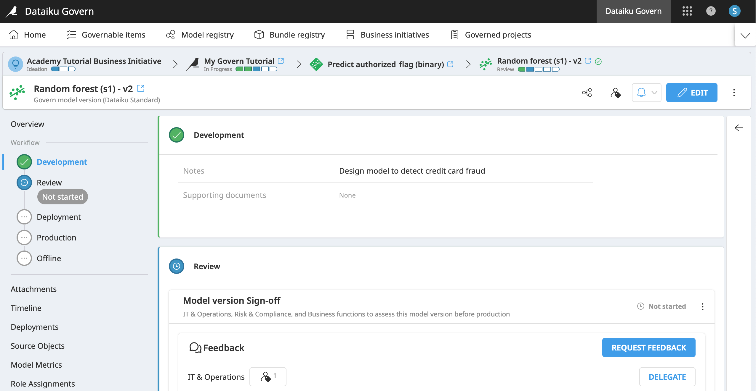 Screenshot showing the Development step of a model version.